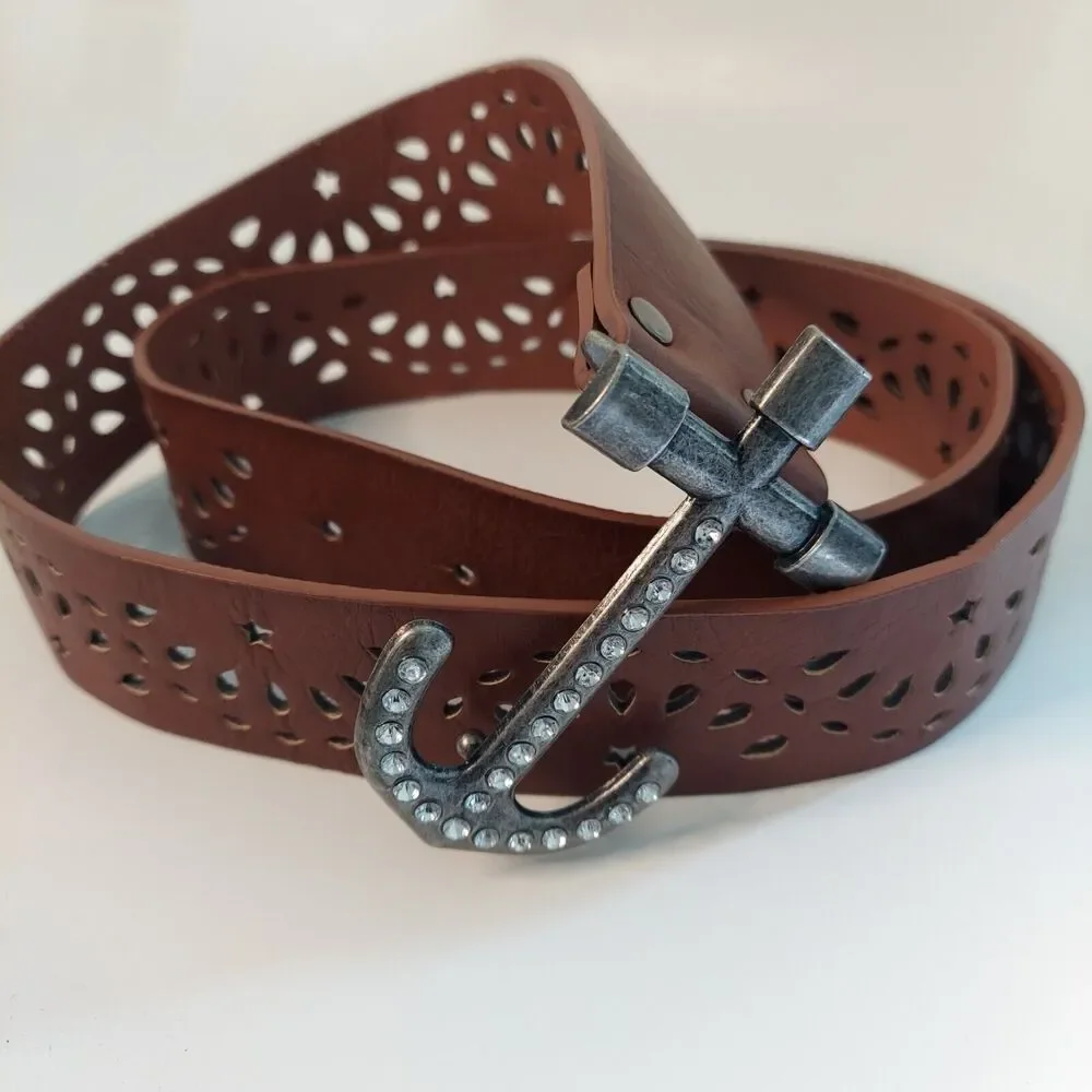 Brown Faux Leather Belt Anchor Buckle Rhinestones Nautical Navy Sailing S / M